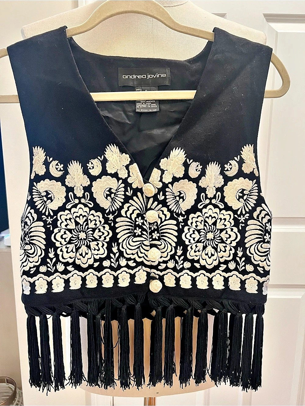 Andrea Jovine Floral Fringe Vest Black & Cream Size 6 Like New